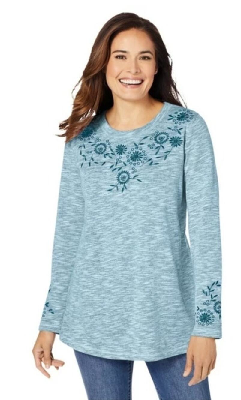Woman Within Teal Floral Embroidered Cottagecore Granny Sweatshirt Women 14/16